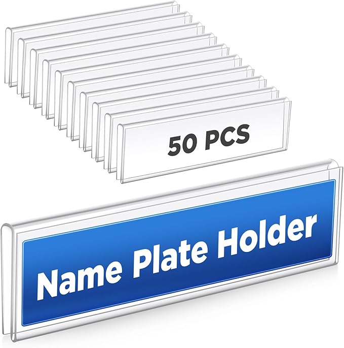Wonderjune 50 Pack Plastic Cubicle Name Plate Holder 8.5" Wide x 2" High Glass Wall Name Plate Holder Clear Acrylic Sign Display Stand for Home Office Business (Suitable for 1/4" Cubicle Wall)