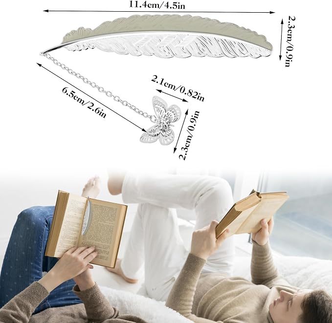 Jeffdad Feather Metal Bookmark with 3D Butterfly Pendant, Glow in The Dark Butterfly Bookmark, Fantasy Bookmark Gifts for Women Girls, Cool Bookmarks for Book Reading Lovers(Silver Butterfly)