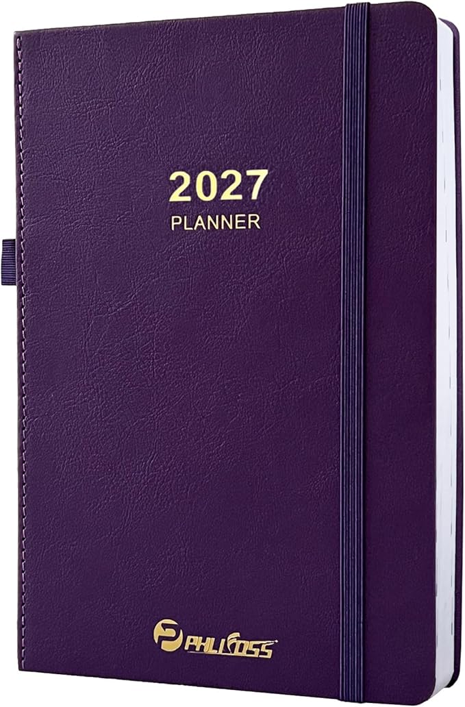 2027 Daily Planner/Calendar, One Page Per Day, Daily Monthly Agenda Planner with Time Slots and Monthly Tabs, Jan - Dec 2027, 5.7" x 8.25" Appointment Book, Pen Holder, Leather Cover (Purple)