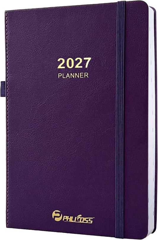 2027 Daily Planner/Calendar, One Page Per Day, Daily Monthly Agenda Planner with Time Slots and Monthly Tabs, Jan - Dec 2027, 5.7" x 8.25" Appointment Book, Pen Holder, Leather Cover (Purple)