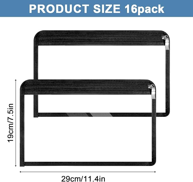 16 Pieces Clear Zipper Pouches Pencil Pouches PVC Makeup Pouch Envelopes Folder Storage Multi Purpose Pouch Document File Organization Bags, Office Supplies (Black Edging, 11.5 x 7.5 Inches)