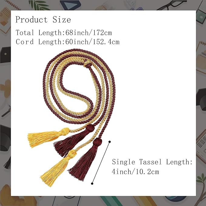 Graduation Double Honor Cords with Tassels Braided Academic Ropes for High School College Ceremony 68 Inch (Maroon+Gold)
