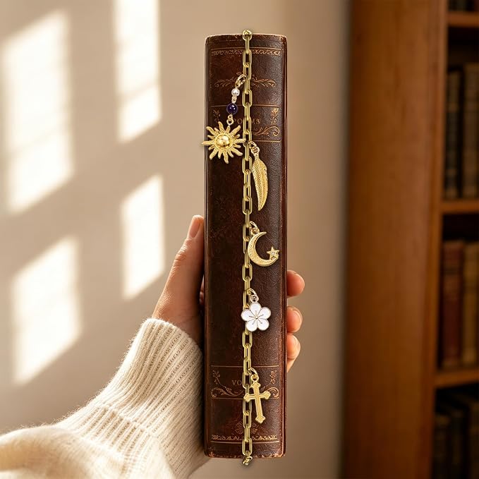 Boho Sun Moon Cross Bible Charm Chain - Christian Biblebook Accessory Faith Gift, Scripture Bookmark Decor for Bible Spine Edge, Religious Charms for Book Lovers