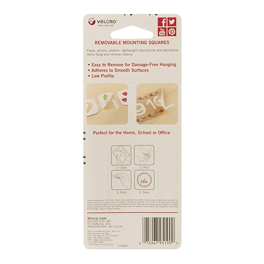 VELCRO Brand "VELCRO Brand - Removable Mounting Squares, Damage-Free Decorating, 3/4"", Pack of 8" (95190)