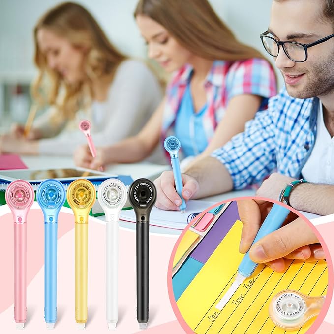 Gersoniel 5 Pack Correction Tape Pen Correctional Ink Tape Push Pull Protective, Easy to Use Applicator for School Office Supplies, 0.2 x 236 Inch (Bright Colors)