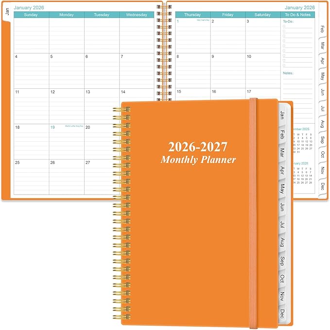 2026-2027 Monthly Planner - 18 Monthly Calendar, January 2026 - June 2027, Two Pages Per Month, 9" x11" Planner with Tabs, Strong Twin-Wire Binding, Inner Pocket, Orange