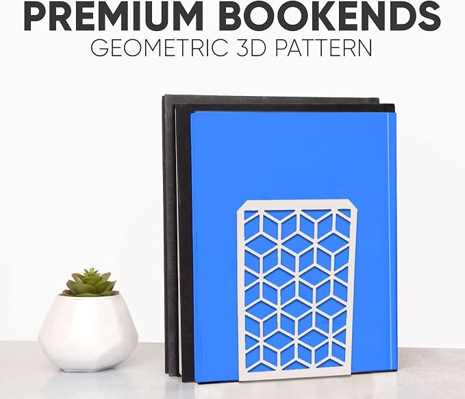 Geomod 3D Cube White Metal Bookends Decorative for Heavy Books - Sturdy Boho Book Stops - Minimal Book Shelf Stopper - Durable Office Bookends - Weighted Metal Book Holders - 7x4.75 Inches - 2 Pair