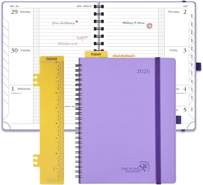 POPRUN 2026 Planner (Jan.-Dec.), Medium-6.75" x 8.75", Horizontal Weekly Notebook, 12-Month Calendar Book with Monthly Tabs, Spiral Soft Cover, Inner Pocket, 100 GSM - Lavender