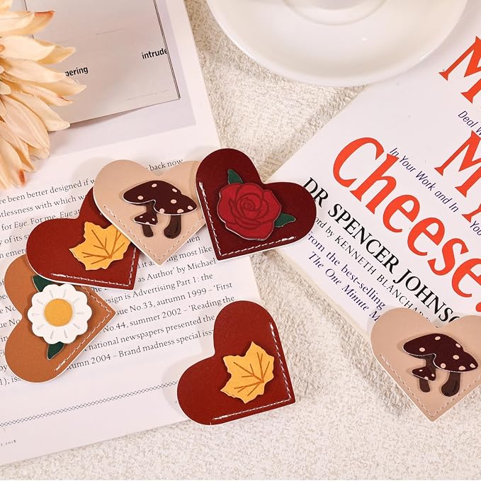 VYRANA 4Pcs Leather Heart Bookmarks - Cute Corner Book Marks Sets for Reading, Vintage Read Lover Gifts for Women Men Teens Kids Reader, Stylish Book Markers for Reading, Ideal Gifts for Planner