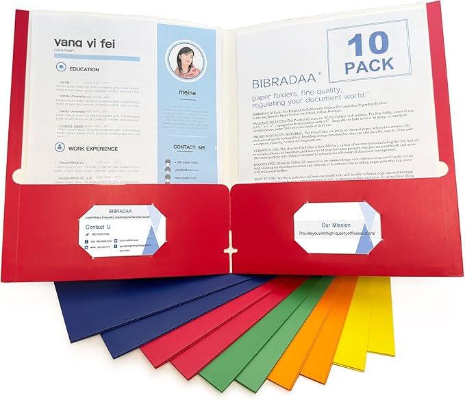 BIBRADAA® 10 Packs Folders with Pockets,Paper Folder Surface with Waterproofing,Letter Size,Holds 100 Plus Sheets,for School,Office,Business. (10, Multicolor Mixing)