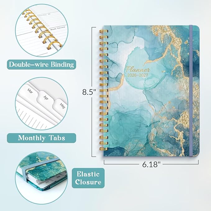 Lonely Oak Academic Planner 2026-2027, Daily Weekly and Monthly Agenda Planner 6.18" x 8.5" with Tabs, 12 Months Spiral School Year A5 Calendar from Jul.2026 to Jun.2027 for Student and Teacher (Grey Marble)