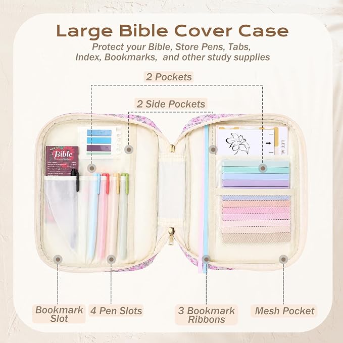 XKDOUS Bible Cover for Women Church Book Holder Quilted Carrying Case with Handle, Tabs, Study Supplies Portable Bible Bag Journaling Kit Christian Gifts for Mom Lady