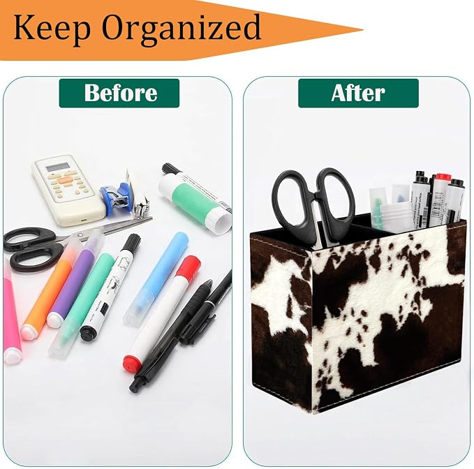 Pen Holder for Desk, PU Leather Multifunctional Desktop Storage Box and Anti-Slip Mouse Pad Set, Makeup Brush Holder Pen Organizer for Office and Home - Cow Hide Print