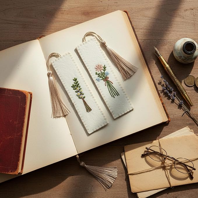 Gersoniel 2 Pack Embroidery Felt Bookmarks Floral Patterns Bookmark with Tassels Handmade Flower Bookmark Cute Book Markers for Reading Adults School Office Book Lovers Gifts (Plant)