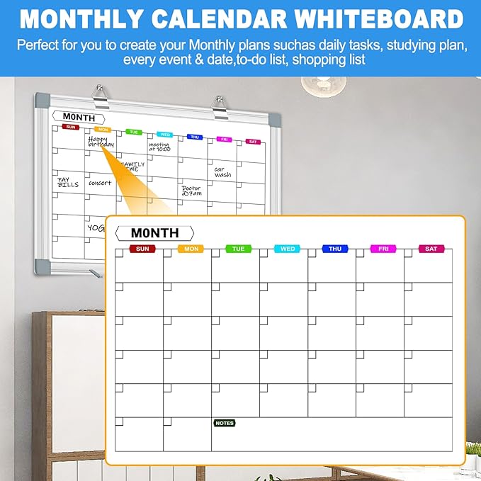 Dry Erase Calendar Whiteboard for Wall, 24" x 18" Magnetic Monthly White Board Calendar with Tray, Hanging Dry Erase Board for Office, Home, School