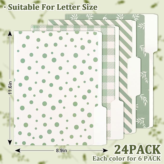 Whaline 24 Pack Sage Green File Folders Letter Size Botanical Leaves Plaid Striped Dots File Pockets with 1/3 Cut Tab for Home Office Classroom Supplies, 8.9 x 11.6 Inch
