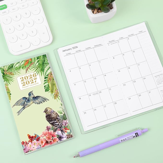 Pocket Calendar 2026-2027, Monthly Planner 2026-2027 - Runs from January 2026 Until December 2027-6.7" x 3.7", Bird Calendar Planner with PVC Cover for Planning, Organizing and Office