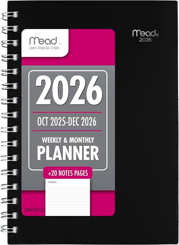 Mead 2026 Planner, Weekly & Monthly, 15-Month, 5-1/2" x 8-1/2", Small, Basic, Black (CRW4200526)