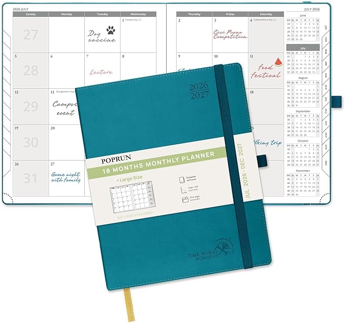 POPRUN Monthly Planner 2026-2027 (Large- 8.5" x 10.5" Soft Cover), 18-Month Calendar Book (Jul.2026-Dec.2027), Calendar Planner with Monthly Tabs & Pocket, 100 GSM Paper - Pacific Green
