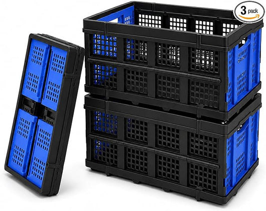 Collapsible Storage Crates 3 Pack, Stackable Foldable Storage Bins for Garage, Car Trunk, Warehouse & Home Organization, Heavy Duty Plastic Utility Crates, 49L, Blue