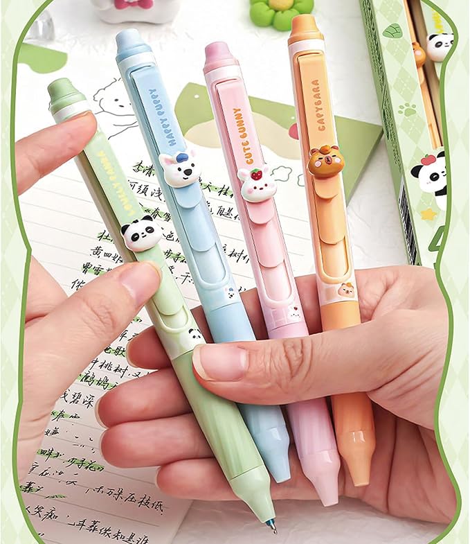 MOZXIRZ 4 Pcs Erasable Gel Pens Cute Retractable Pens Cartoon Animal Erasable Pen 0.5mm Black Ink Kawaii Writing Pen for Women Office School Supplies (Animal-Black Ink)