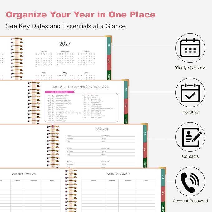 CAGIE Planner 2026-2027, 18 Month Weekly and Monthly Planner, Marble Design Calendar with Tabs, Jul 2026–Dec 2027, Large 8.5" x 11" A4 Hardcover Spiral Agenda Planner for Home, Work, School and Teacher (Pink）