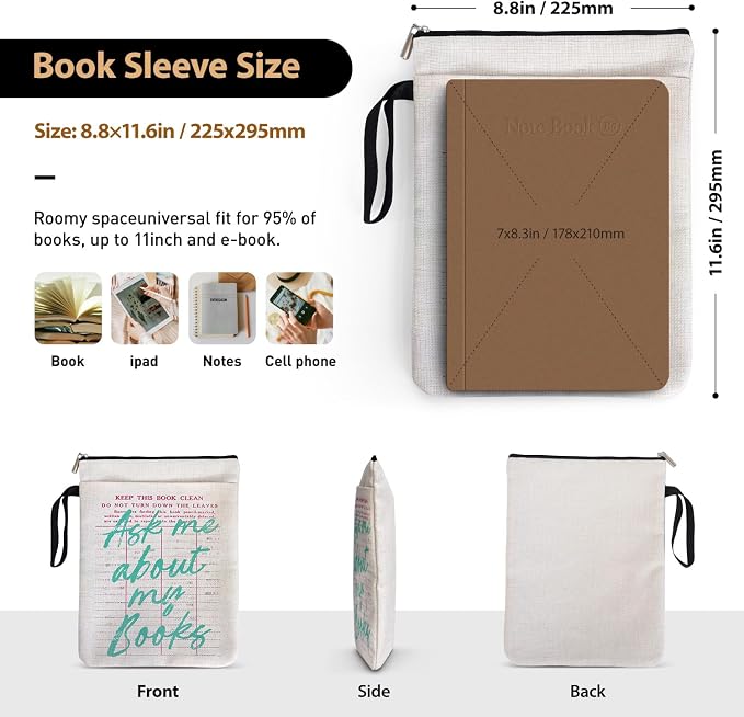 Ask Me About My Books Book Sleeve for Women Book Lovers, Library Card Pattern Bookcover Protector for Paperbacks with Handle & Pocket for Friends Librarian Bookish Book Club, Christmas Gifts