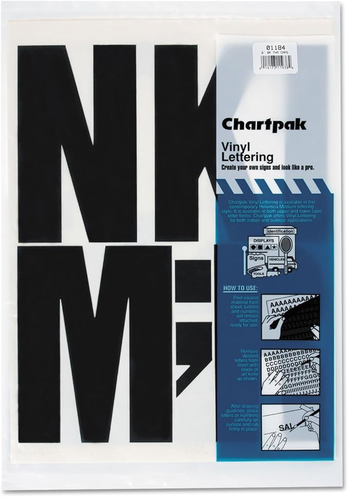 Chartpak 01184 Press-On Vinyl Uppercase Letters, Self Adhesive, Black, 6-Inch h, 38/Pack