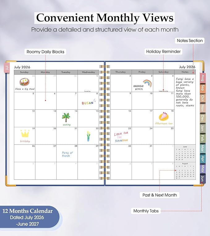 Academic Planner 2026-2027, Hardcover Leather Weekly and Monthly Calendar Planner from July 2026 - June 2027, A5 6.1" x 8.2" Daily Agenda with Tabs, College School Organizer for Student Teacher, Night Sky Blue