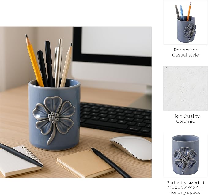 Floral Ceramic Desk Organizer for Workspace Decor - Unique Desktop Storage and Office Storage Accessory - Small Desk Cup Holder Complements Bedroom, Kitchen, Bathroom, or Home Decor - 4", Blue