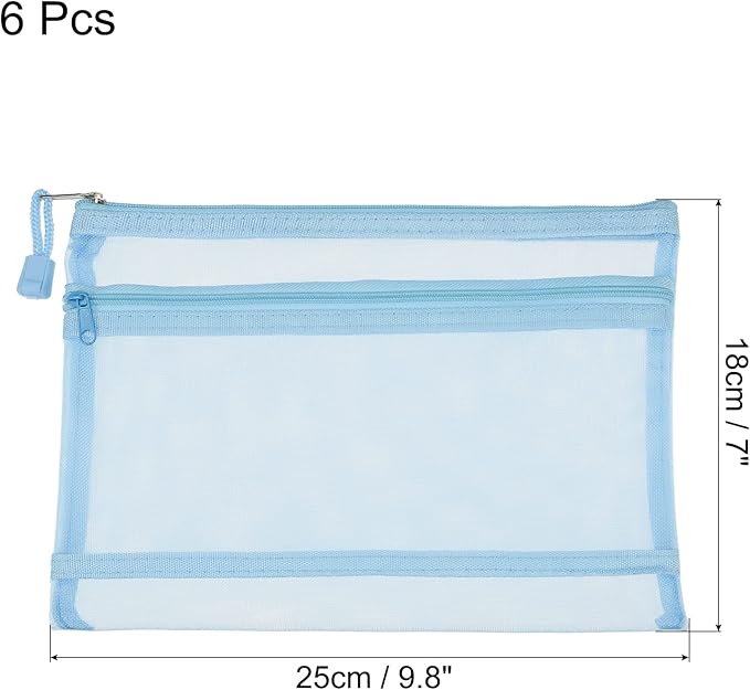 MECCANIXITY Mesh Zipper Bags, A5 Nylon Double Layer Zip File Pouch Storage Organizer Pockets for Travel Office Accessories, Blue Pack of 6