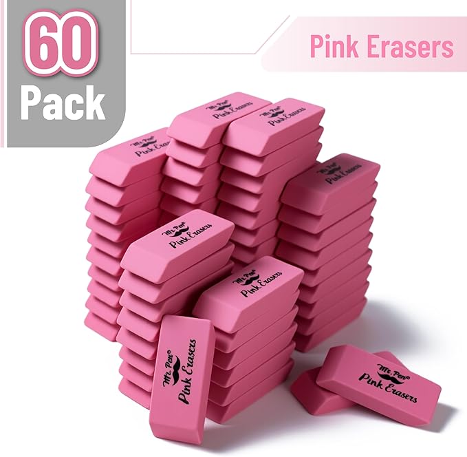 Mr. Pen- Pink Pencil Eraser Bulk, 60 Pack, Large Latex Free Block Erasers for School, Office, Art Sketching, Homework, Exams, Clean Smudge-Free Correction