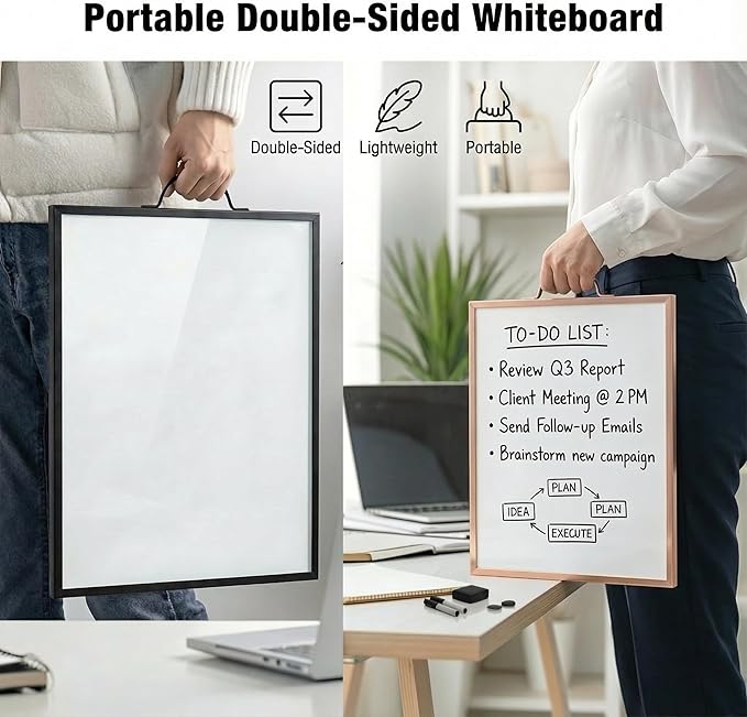 Rose Gold Magnetic Dry Erase Whiteboard 12 x 16 Double Sided, Portable Planner Board with Weekly Monthly Sheets, Write and Wipe to Do List Board, Includes 3 Markers Eraser 2 Magnets