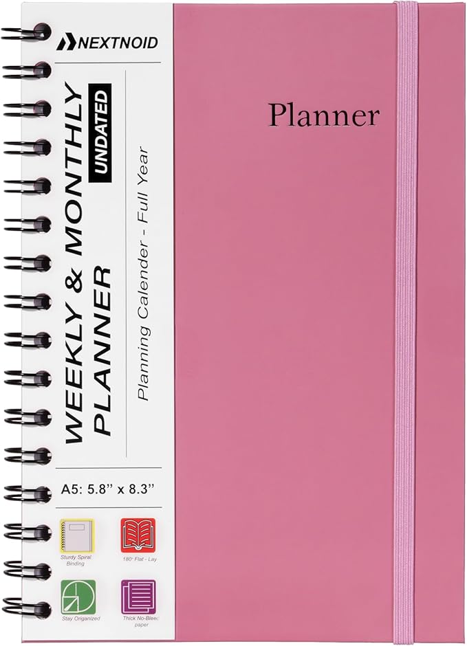 Undated Monthly and Weekly Planner - 12 Month Calendar Planner Notebook with Week Days - Hardcover Undated Planners Blank Agenda Book - A5 Rose Pink