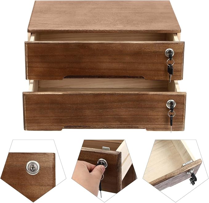 2 Drawer Small Vintage Style Wooden Storage Organizer with Lock for Accessories - Rustic Decorative Box for Office, Desktop Countertop and Incense Storage