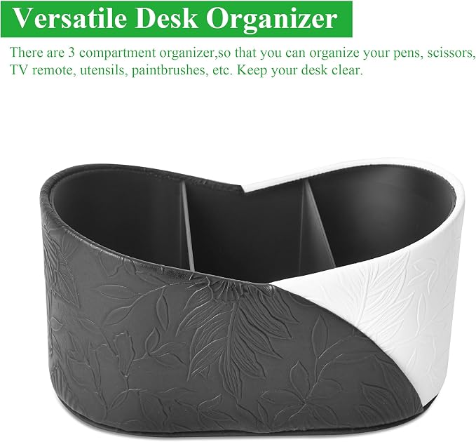 Two Leaves Shaped Leather Art Supply Organizer,Remote Control Holder,Multi-Functional Pencil Holder,3 Compartments Desktop Stationary Organizer(1-Black White)