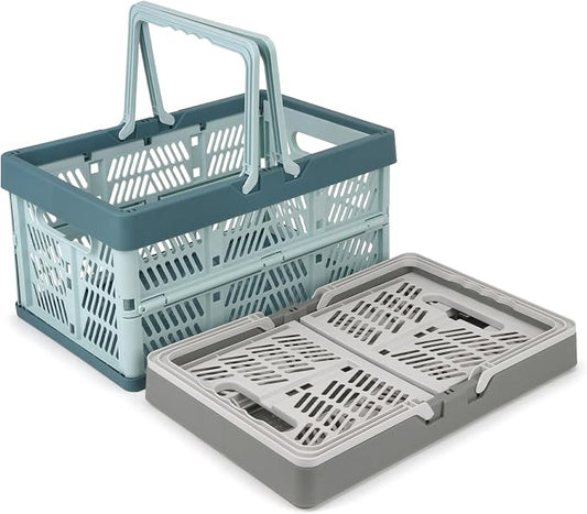 Domiella 2-Pack Foldable Storage Baskets, Collapsible PP Crates with Handles - 20L Capacity, Strong and Portable for Home Organization, Picnic and Shopping, Grey + Blue