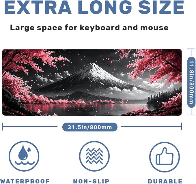 Mount Fuji Desk Mat Gaming Mouse Pad Cherry Blossom Red Mountain Landscape Mousepads Computer Keyboard Pad Mouse Mat Laptop Mat 31.5 x 11.8 Mouse Pads for Desk Home Office Gaming