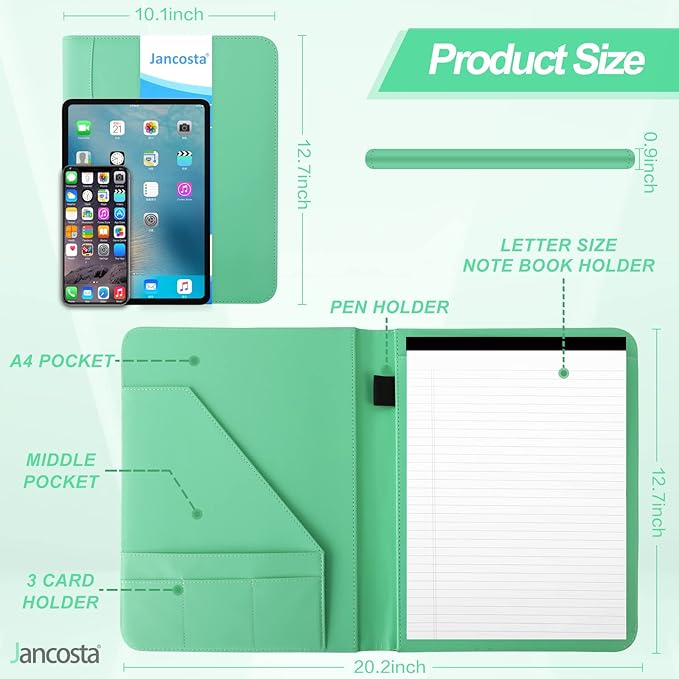 1 Pack Business Padfolio Portfolio Binder, Faux Leather Folio Folder, Resume Legal Document Organizer with Letter Size Writing Notepads (New Mint Green 1 Pack)