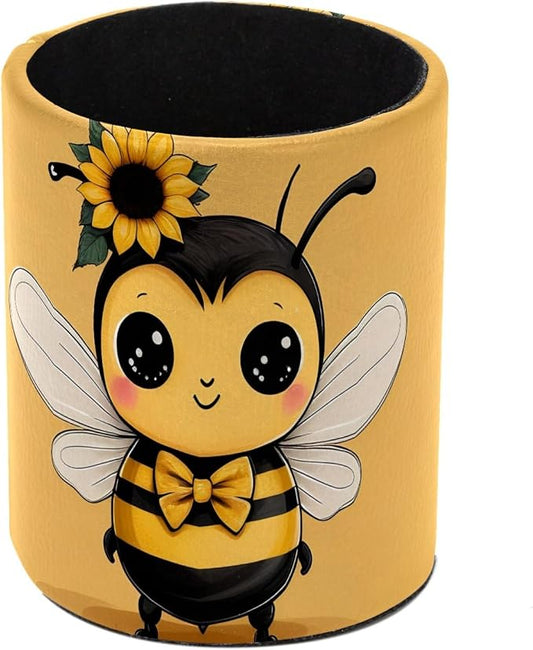 Bee Pen Holder Pencil Organizer Cute Pencil Cup Desk Decor Makeup Brush Holder PU Multifunctional Office Supplies for Home Classroom School