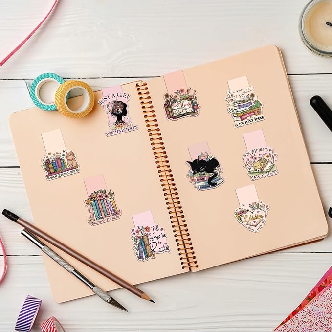 Cute Magnetic Bookmarks Set, 9 Pcs Floral & Cat Magnetic Page Markers for Women Men Readers, Strong Magnet Book Page Clips, Aesthetic Reading Gifts for Book Lovers