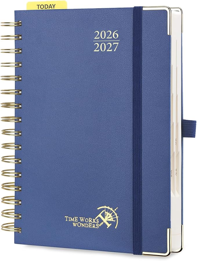 POPRUN 2026-2027 Daily Planner One Page Per Day, 5.75" x 8.5", Academic Daily Calendar Book with July 2026 to June 2027, Hardcover Appointment Book with Hourly Time Slots, Spiral Bound, Monthly Tabs - Navy Blue