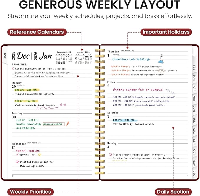 2026 Planner, Weekly and Monthly Calender Planner, Jan 2026 to Dec 2026, Hardcover 2026 Calendar Book with Tabs & Inner Pocket, Office Home School Supplies for Women & Men - A4 (8.5" x 11"), Burgundy