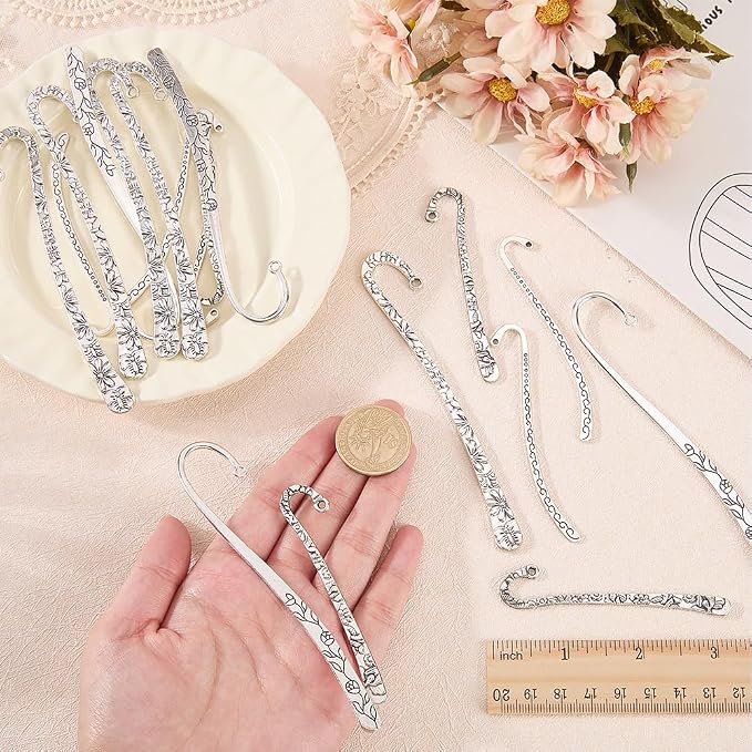 20Pcs Metal Bookmark s Antique Vintage Silver Metal Bookmark Hairpin with Hole Tibetan Carving Pattern Alloy Book Markers Jewelry Making Charms for Stationery Reading Enthusiasts