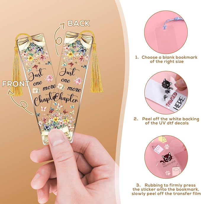 UV DTF Bookmark Wraps - 24 Sheets Vintage Reading Books UVDTF Decals for Acrylic Bookmark Blanks, Flower Cat Double-Sided Printing Rub on Transfer Stickers for Book Lover DIY Crafts Gift