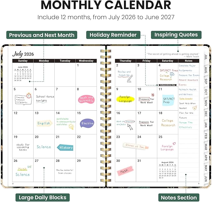 2026–2027 Academic Planner, Weekly and Monthly Planner for Women, July 2026 - June 2027, Pretty Hardcover 2026–2027 Academic Planner with Tabs, Inner Pocket, Spiral Bound, Perfect Office Home School Supplies - 6.3" x 8.5", Forest Botanica
