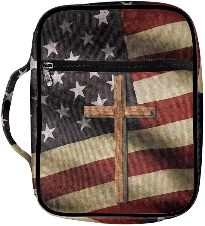 Coldinair American Flag Cross Bible Cover for Men and Women Bible Case Bible Carrier Carrying Organizer Purse Handbag with Zipper Pockets Church Bag