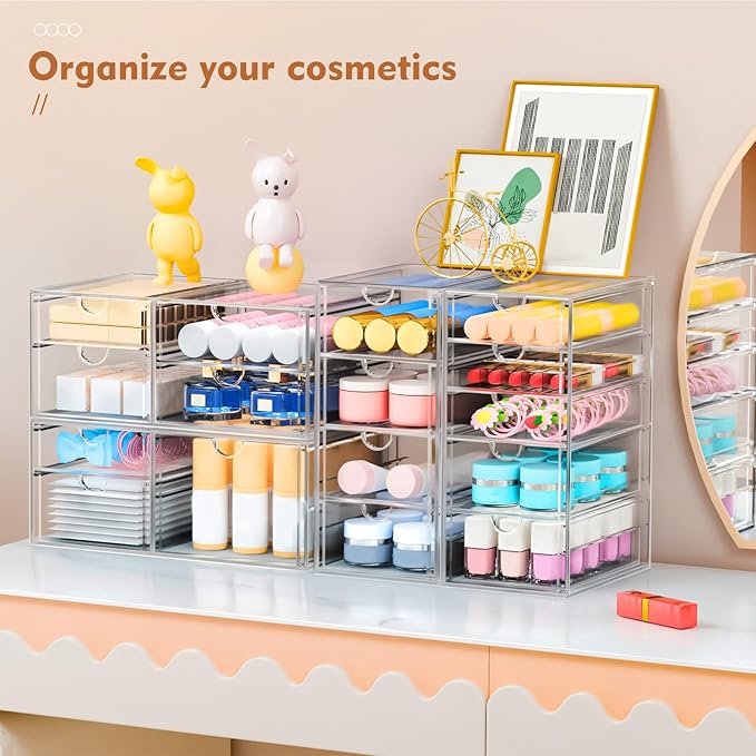ARSTPEOE Makeup Acrylic Organizer with 17 Drawers(4 Sets), Desk Organizers and Accessories, Clear Makeup Organizer, Dustproof Storage Drawers for Office Art Craft Supplies