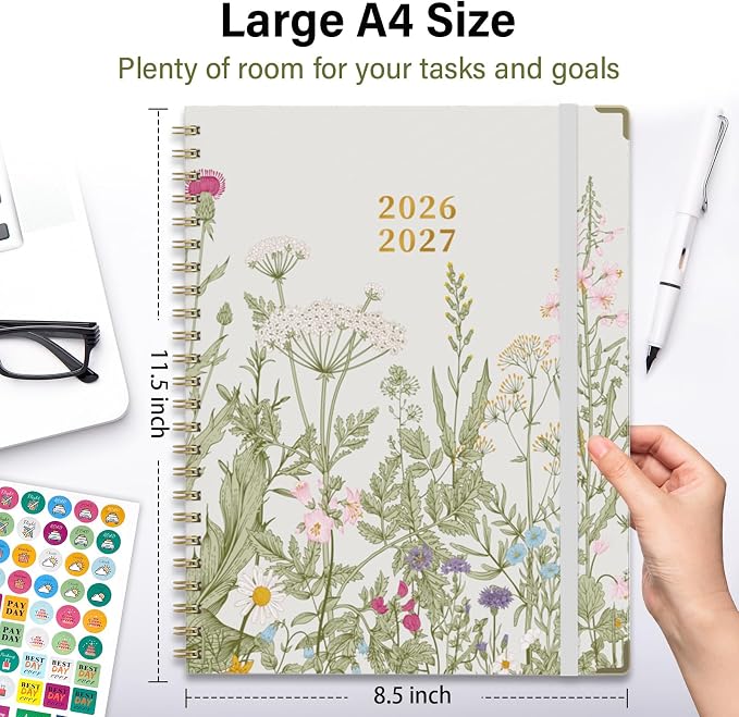 Academic Planner 2026–2027, A4 Hardcover Weekly Monthly Planner, Large 8.5" x 11" School Year Planner July 2026 to July 2027, with Bookmark, Pocket Folder and Sticky Notes, Garden Flowers