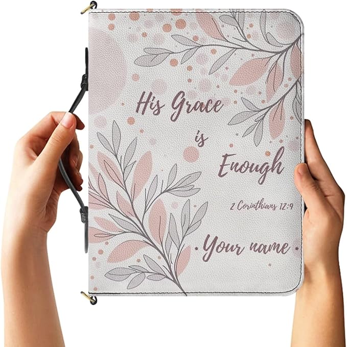 Personalized Bible Covers for Girls, Medium Bible Cover Case with Name, II Corinthians 12:9 Book Organizer with Strap Handle Inner Pockets and Pen Loop,Biblia Study Supplies for Girls, White